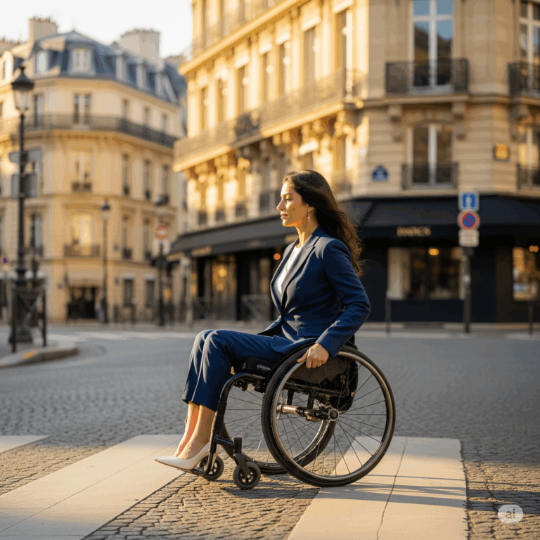 Une femme élégante en fauteuil roulant, vêtue d'un tailleur pantalon bleu marine, traverse une rue pavée à Paris au coucher du soleil, avec des bâtiments haussmanniens en arrière-plan.