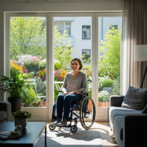 logement adapté femme en fauteuil dans son salon