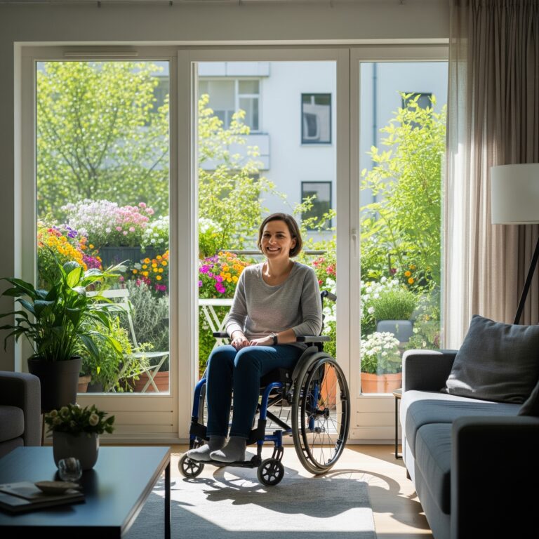logement adapté femme en fauteuil dans son salon