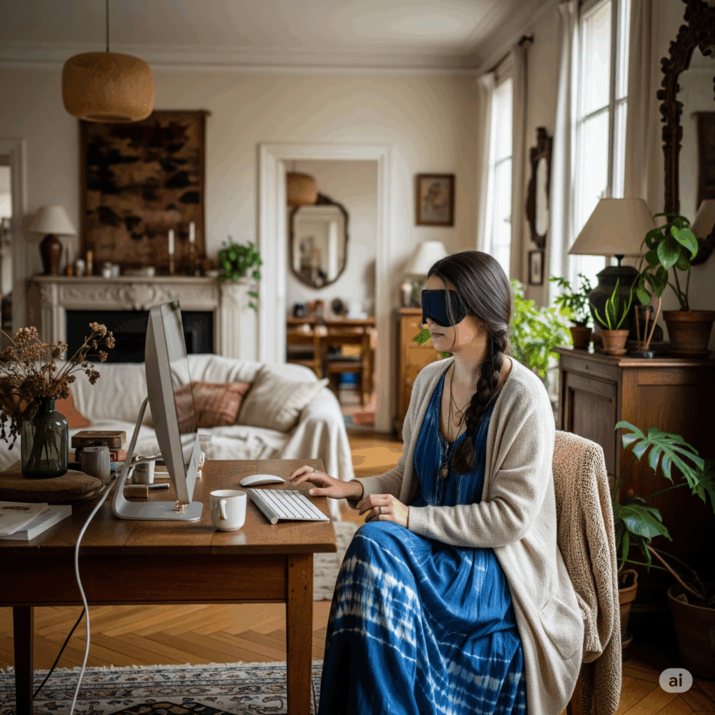 une femme malvoyante devant un ordinateur accessible.