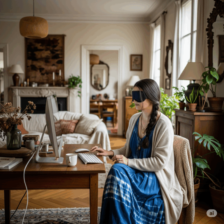 une femme malvoyante devant un ordinateur accessible.