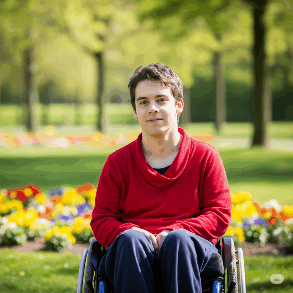 jeune homme handicapé pull rouge assis dans un fauteuil roulant il est dans un parc avec des fleurs en arrière plan et des arbres