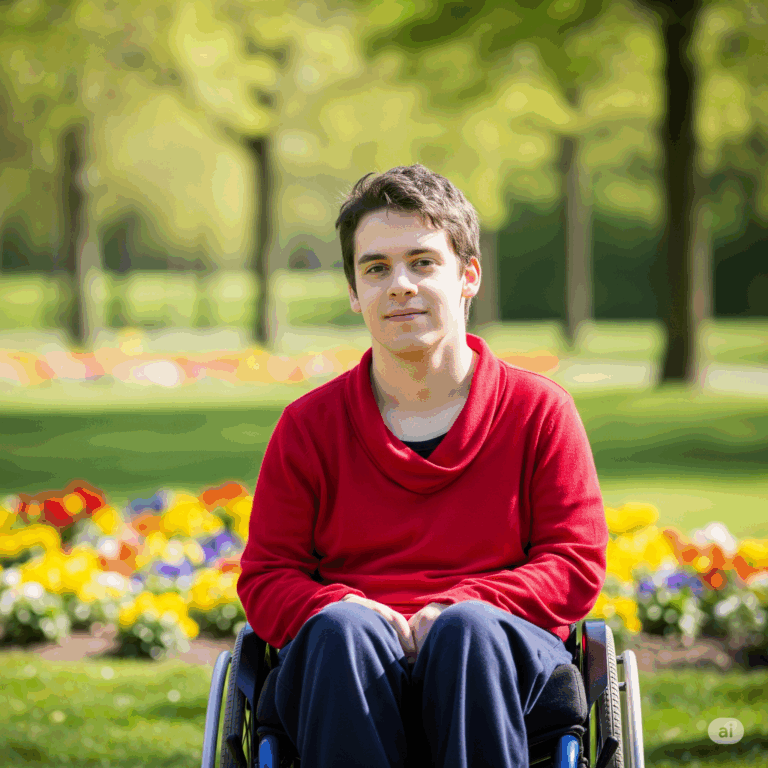 jeune homme handicapé pull rouge assis dans un fauteuil roulant il est dans un parc avec des fleurs en arrière plan et des arbres
