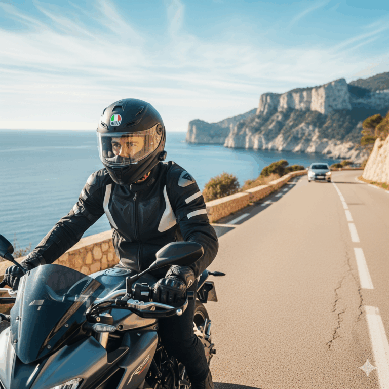 Un motard avec un casque sur une route de bord de mer au loin une voiture