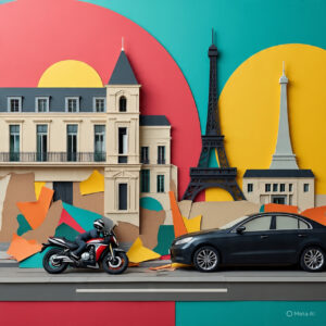 Une voiture une moto sur un fond rouge et vert et jaune avec la Tour Eiffel à Paris et des batîments