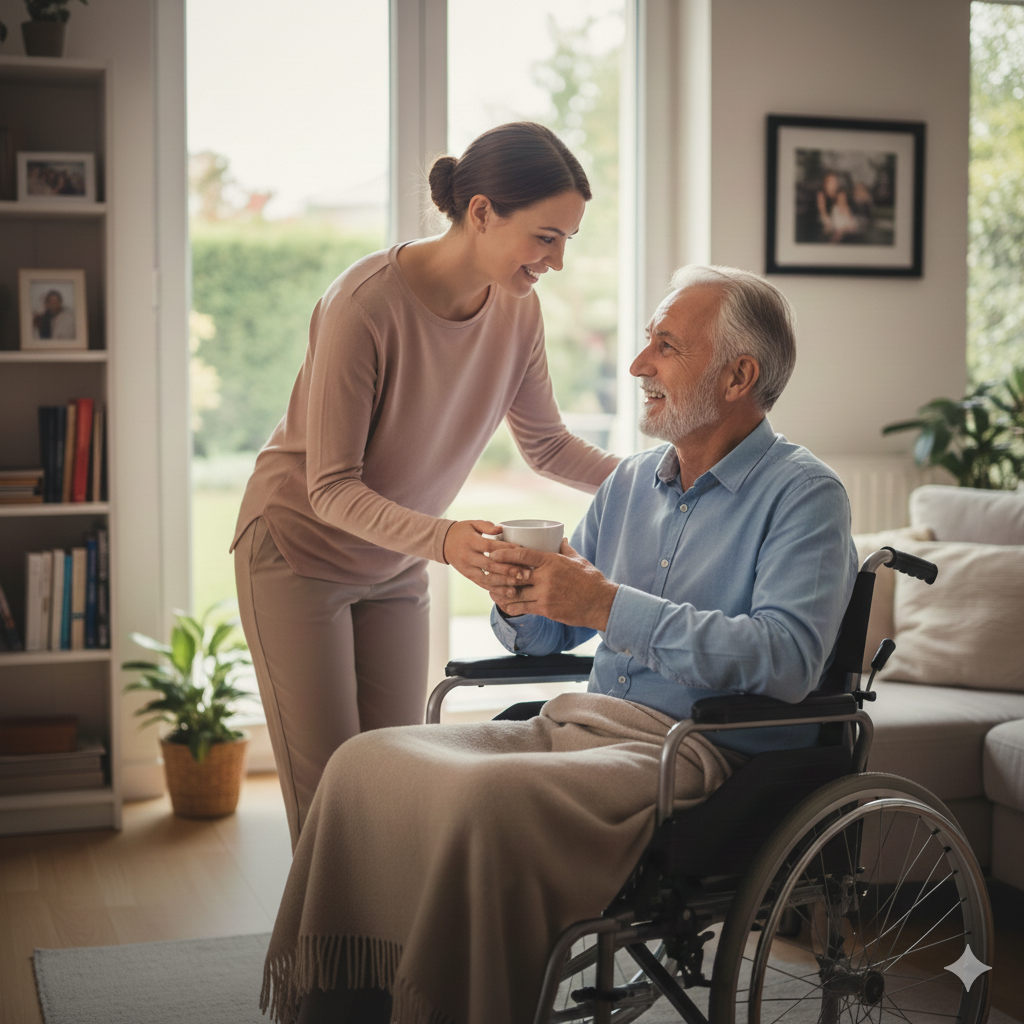 une jeune femme aaux côtés un homme en chaise roulante