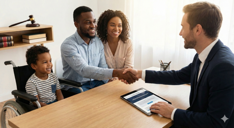une famille avec un enfant en chaise roulante dans le bureau d'un avocat. Le père serre la main de l'avocat.